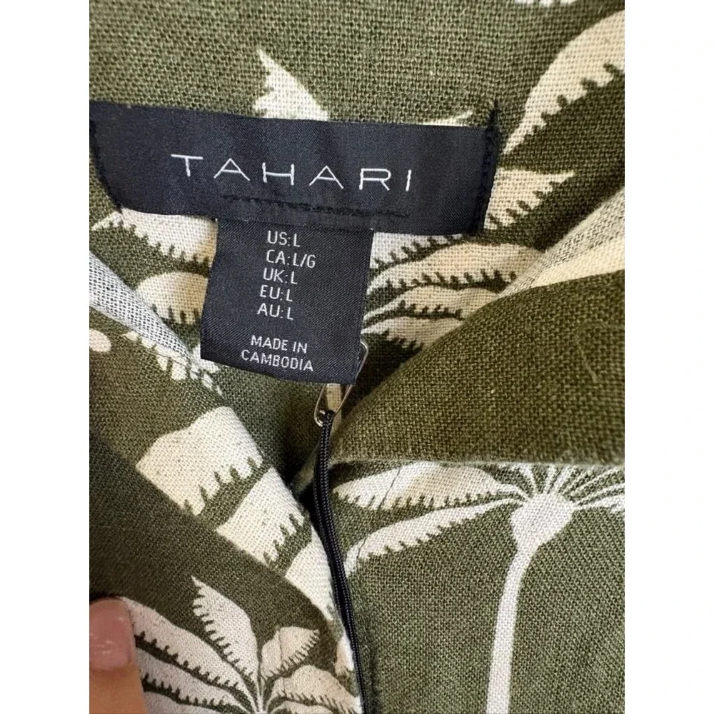 Tahari Olive Green Linen Blend Palm Tree Print Belted Shirt Dress Large NWT